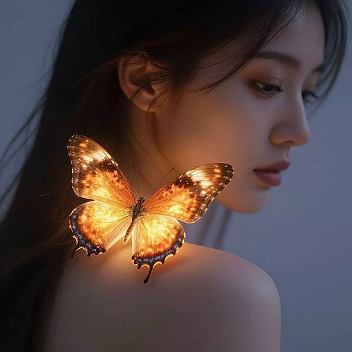 Photograph of an Asian woman with long black hair, illuminated by a glowing orange butterfly perched on her bare shoulder. Blue background.