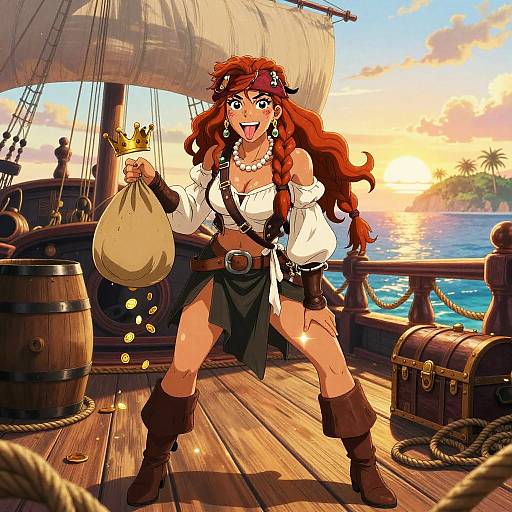 Female Pirate on Galleon Deck with Treasure
