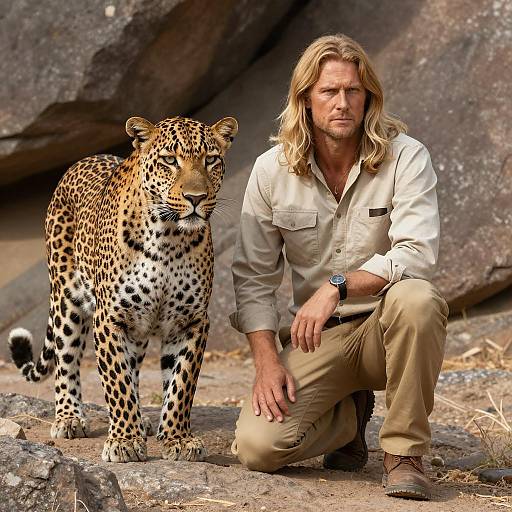 Serious Man and Alert Leopard in Nature