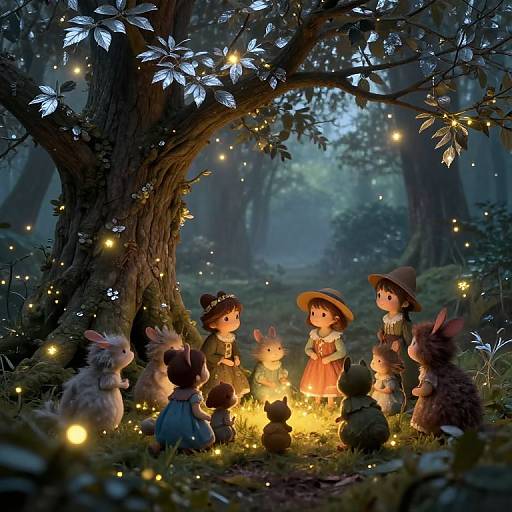 Whimsical forest scene at night, illuminated by glowing fireflies, featuring five children and five rabbits gathered around a warm fire, under a large tree