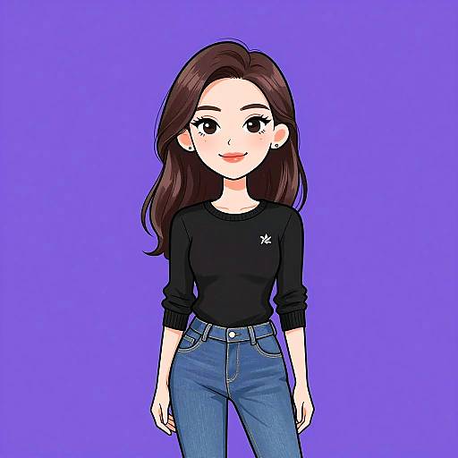 Digital anime-style drawing of a smiling woman with brown hair, wearing a black long-sleeve top and blue jeans, against a solid purple background.