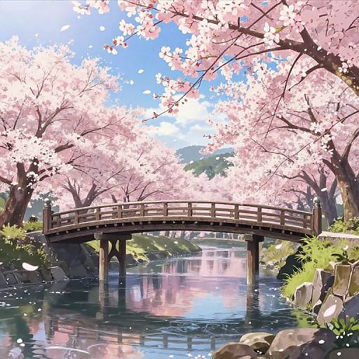 Digital anime-style painting of a wooden bridge over a reflective pond, surrounded by vibrant pink cherry blossoms, with blue sky and green foliage in the background