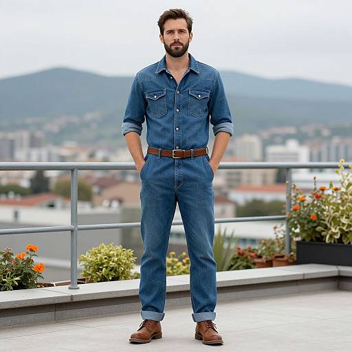Photograph of a bearded man in blue denim overall, brown belt, and brown boots, standing on a rooftop terrace with city and mountain view in