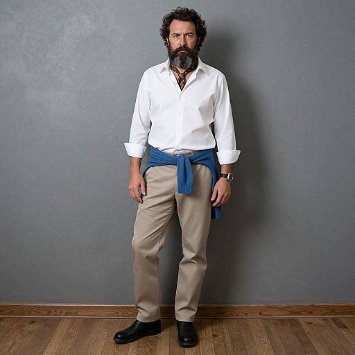 Photograph of a middle-aged man with curly black beard, white shirt, beige pants, blue tie around waist, black shoes, standing against gray wall