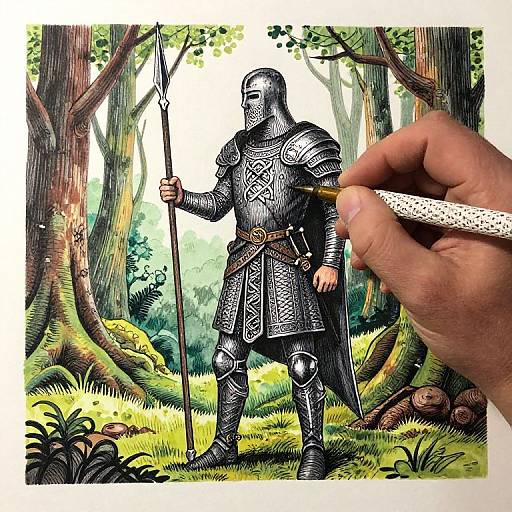 Illustration of armored knight in forest, holding spear, colored in vibrant greens, yellows, and browns, being colored with a pen.