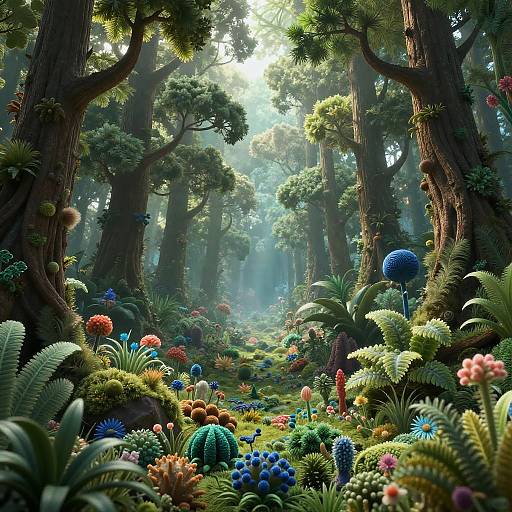 Fantastical forest scene with towering trees, vibrant, surreal plants, and colorful, whimsical flora; lush greenery bathed in dappled