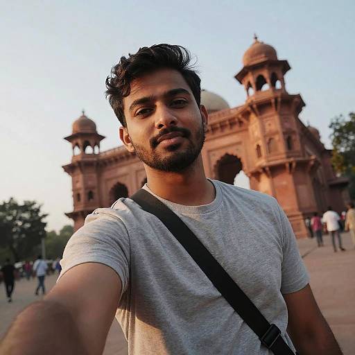 Photograph of a handsome Indian man with dark hair and beard, wearing a gray T-shirt and black strap, taking a selfie in front of a red