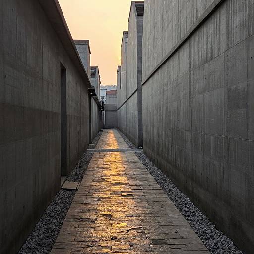 Photograph of a narrow, concrete alleyway at sunset, with a wet, reflective cobblestone path flanked by tall, gray concrete walls.