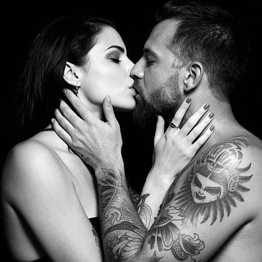 Black-and-white photograph of a tattooed, bearded man and woman kissing passionately; her dark hair, his detailed arm tattoos, her hand on his