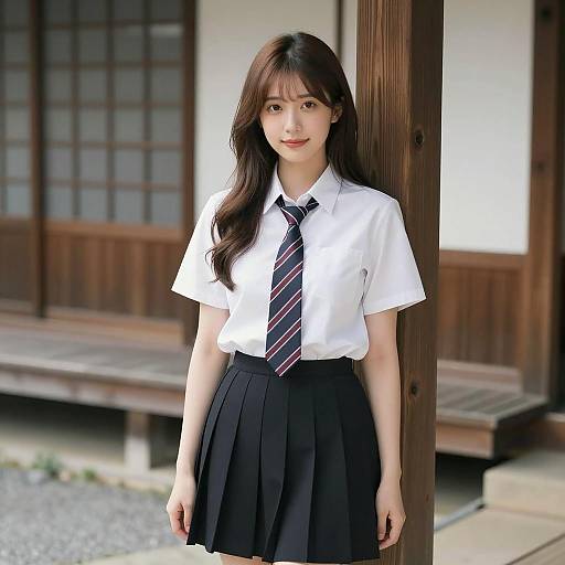 Asian woman in school uniform standing outdoors