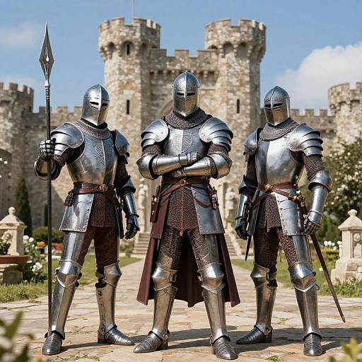 Three armored knights standing in front of a medieval castle, holding spears and swords, with a sunny blue sky background.