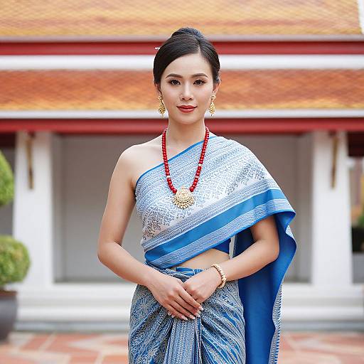 Photograph of an elegant Asian woman in a blue and silver sari, red bead necklace, gold earrings, and bracelet, standing in front of a