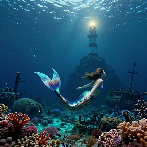 Photograph of a glowing mermaid with a blue-tinted tail, floating near an underwater lighthouse, surrounded by colorful coral reefs and sunken