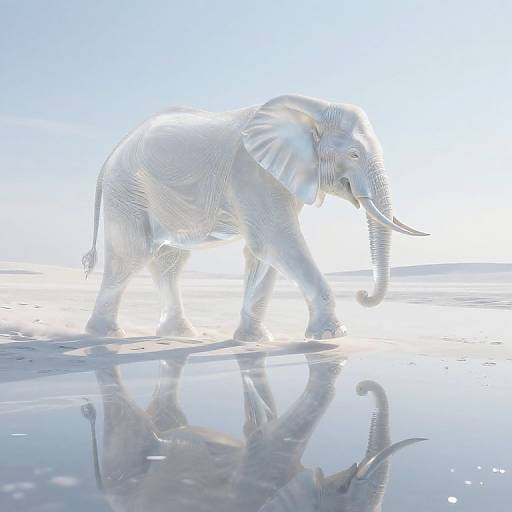 Photograph of a white, ethereal elephant walking on a reflective, icy surface under a bright, blue sky. Its reflection is visible in the water