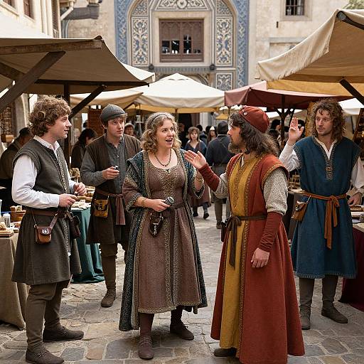 Photograph of medieval fair: four people in period clothing converse under market umbrellas. Woman in brown dress, curly-haired men in vests, one in