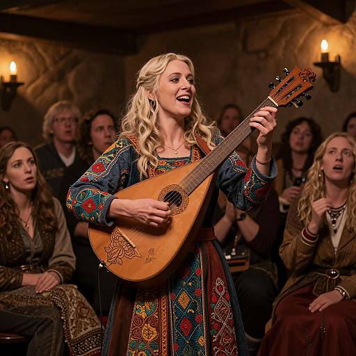 Photograph of a blonde woman with wavy hair, wearing a colorful, embroidered dress, passionately playing an acoustic guitar on a medieval-themed stage. Audience
