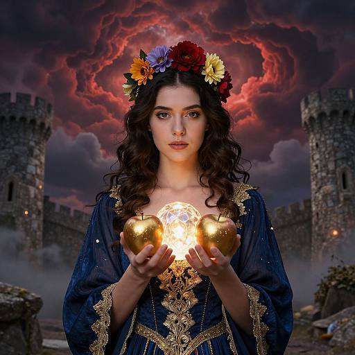 Fantastical photograph of a dark-haired woman with a flower crown, wearing a gold-embroidered blue dress, holding glowing golden orbs, in