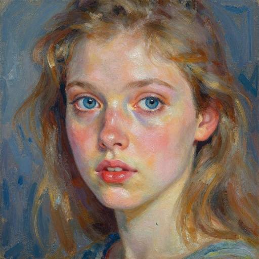 Impressionist-style digital painting of a young woman with blue eyes, fair skin, and wavy blonde hair, against a blue background.