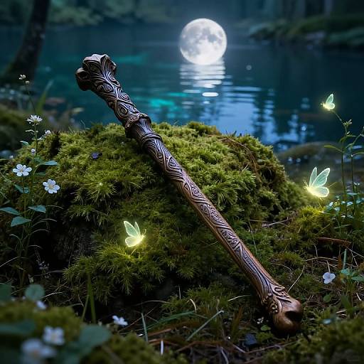 Photograph of an intricately carved wooden staff leaning against mossy rock, surrounded by glowing fireflies, under a full moon reflecting in a tranquil forest