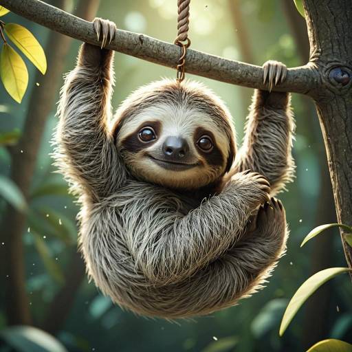 3D Pixar-Style Baby Sloth Hanging on Tree Branch