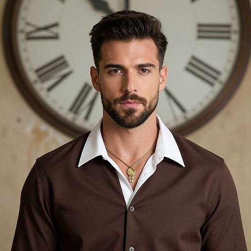 Photograph of a handsome, bearded man with dark hair and brown eyes, wearing a black shirt with a white collar, gold necklace, against a