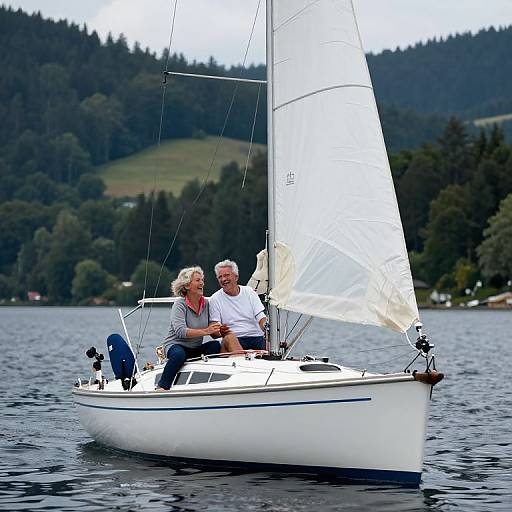 Photograph of elderly couple sailing on white boat with raised sail, calm lake, forested hills in background, overcast sky.