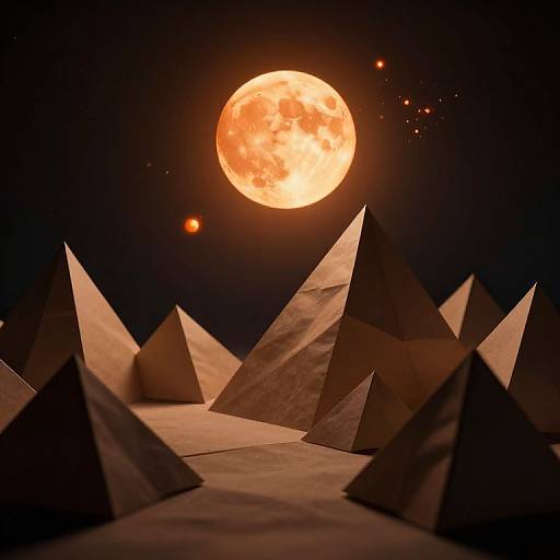 Photograph of pyramid-shaped structures in the foreground under a bright, glowing orange full moon in a dark, starry night sky.