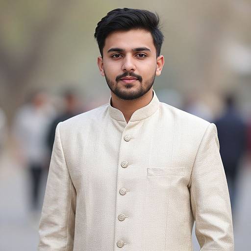 Photograph of a young South Asian man with short black hair and beard, wearing a white textured button-up sherwani, standing outdoors with a blurred