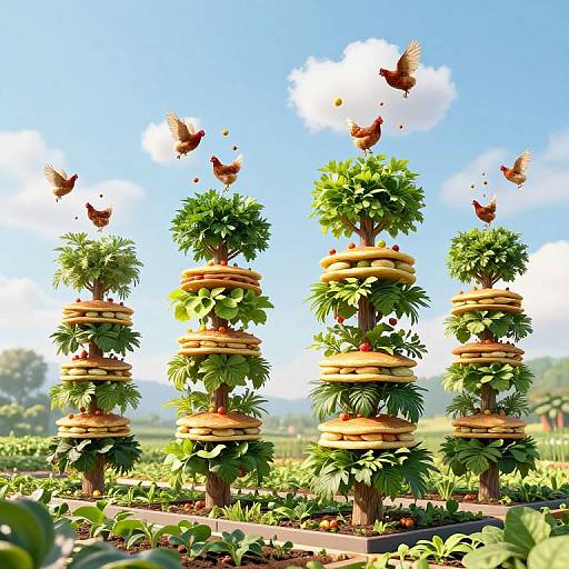 Surreal Floating Farm with Vertical Trees