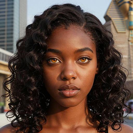 Photograph of a beautiful African-American woman with dark, curly hair, striking amber eyes, and glowing brown skin, set against an urban background with blurred