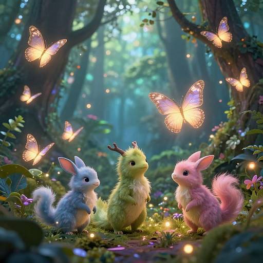 Digital fantasy artwork of three fluffy, colorful forest creatures with antlers, surrounded by glowing butterflies in a magical, enchanted forest.