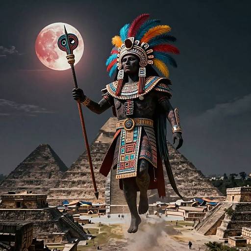 Digital artwork of a powerful, feathered Aztec warrior in colorful headdress, holding a staff, strides over ancient pyramids under a full moon.
