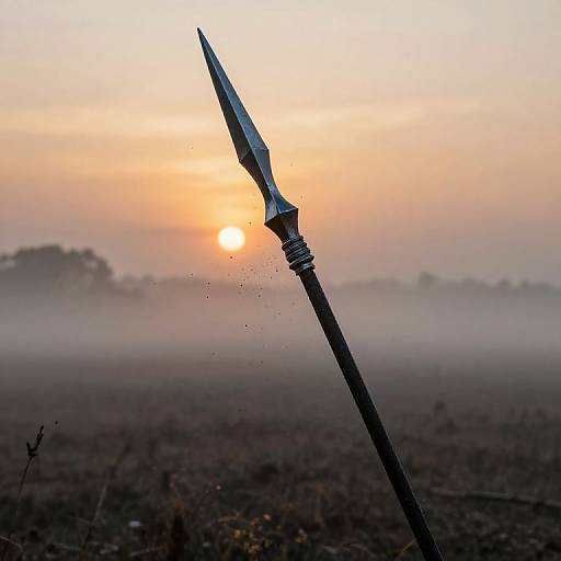 Photograph of a pointed spear silhouetted against a misty sunrise, with the sun partially visible in the orange-hued sky.