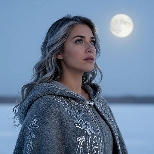 Photograph of a woman with wavy silver hair, wearing a textured, silver-embellished gray cloak, gazing at a bright full moon