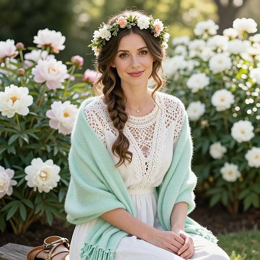 Photograph of a smiling woman with wavy brown hair, wearing a white lace dress, light green shawl, and flower crown, sitting among blo