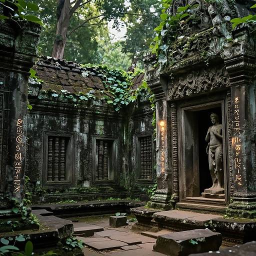 Photograph of an ancient, moss-covered stone temple with intricate carvings, tall statue of a figure, and vertical Asian script, surrounded by lush