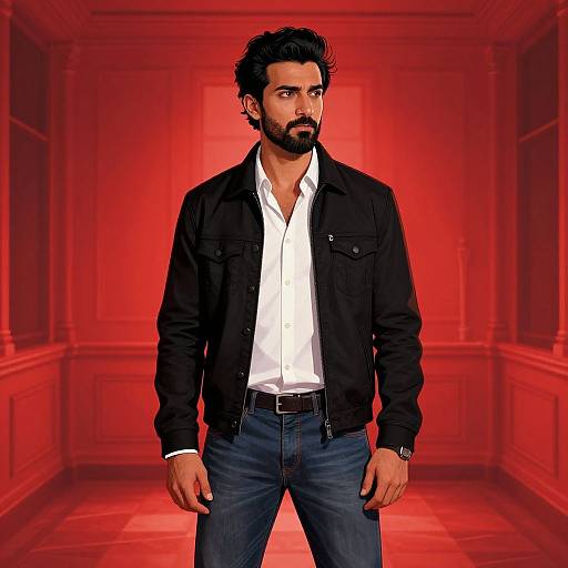 Digital artwork of a bearded man with dark hair, wearing a black jacket, white shirt, and blue jeans, standing in a red-lit,