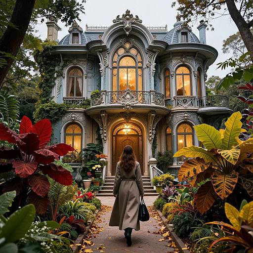 Photograph of a Victorian-style house with ornate architecture, warm yellow lights, lush autumn garden, and a woman in a gray coat walking up the
