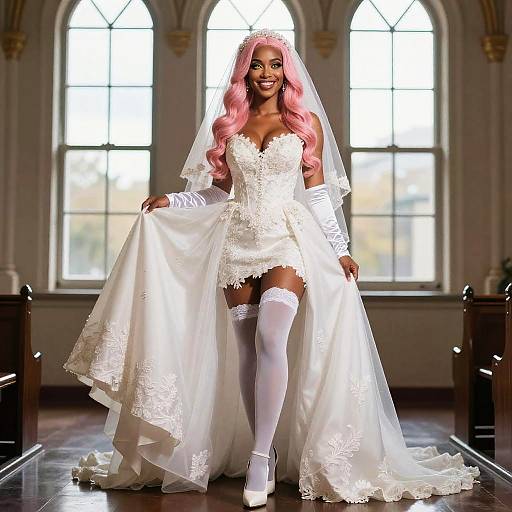 Bride with Pink Hair in Elegant Wedding Dress