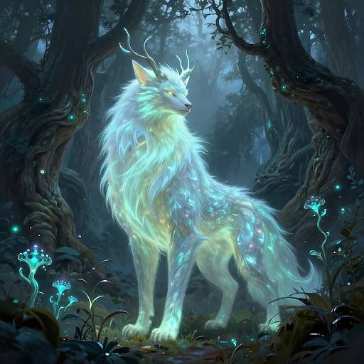 Digital fantasy artwork of a glowing, ethereal white wolf with blue bioluminescent fur standing in a mystical, dark forest with bioluminescent