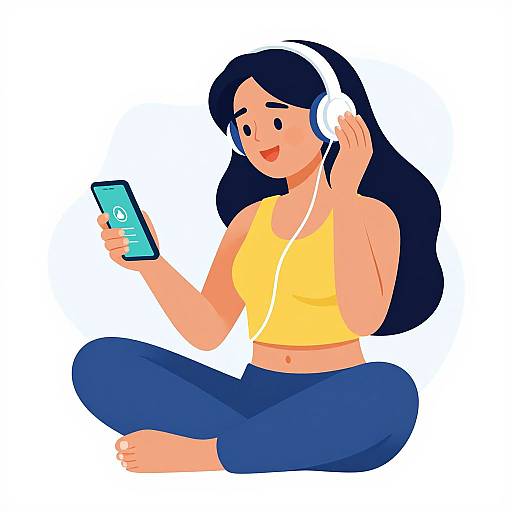 Digital illustration of a smiling woman with long black hair, wearing white headphones and a yellow tank top, sitting cross-legged while listening to music on a blue