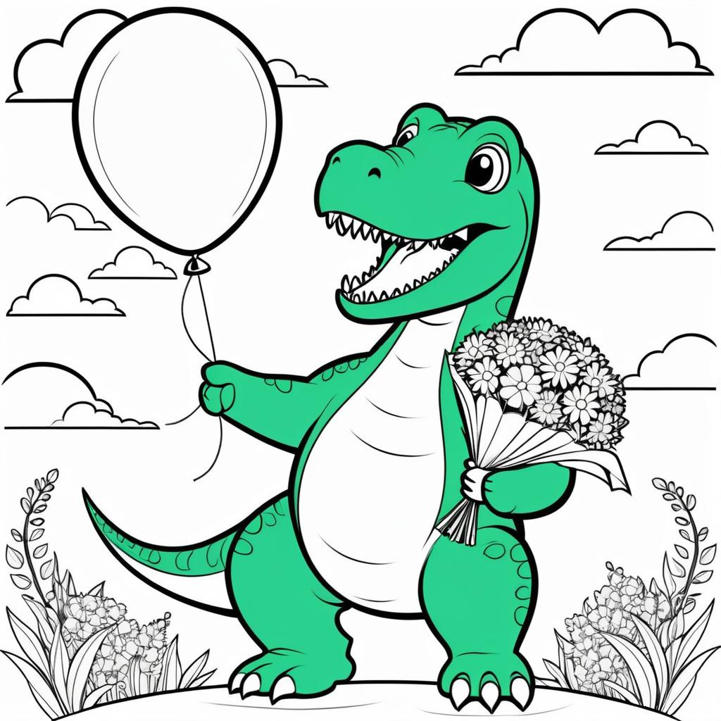 Cute Gigantosaurus with Balloon and Flowers