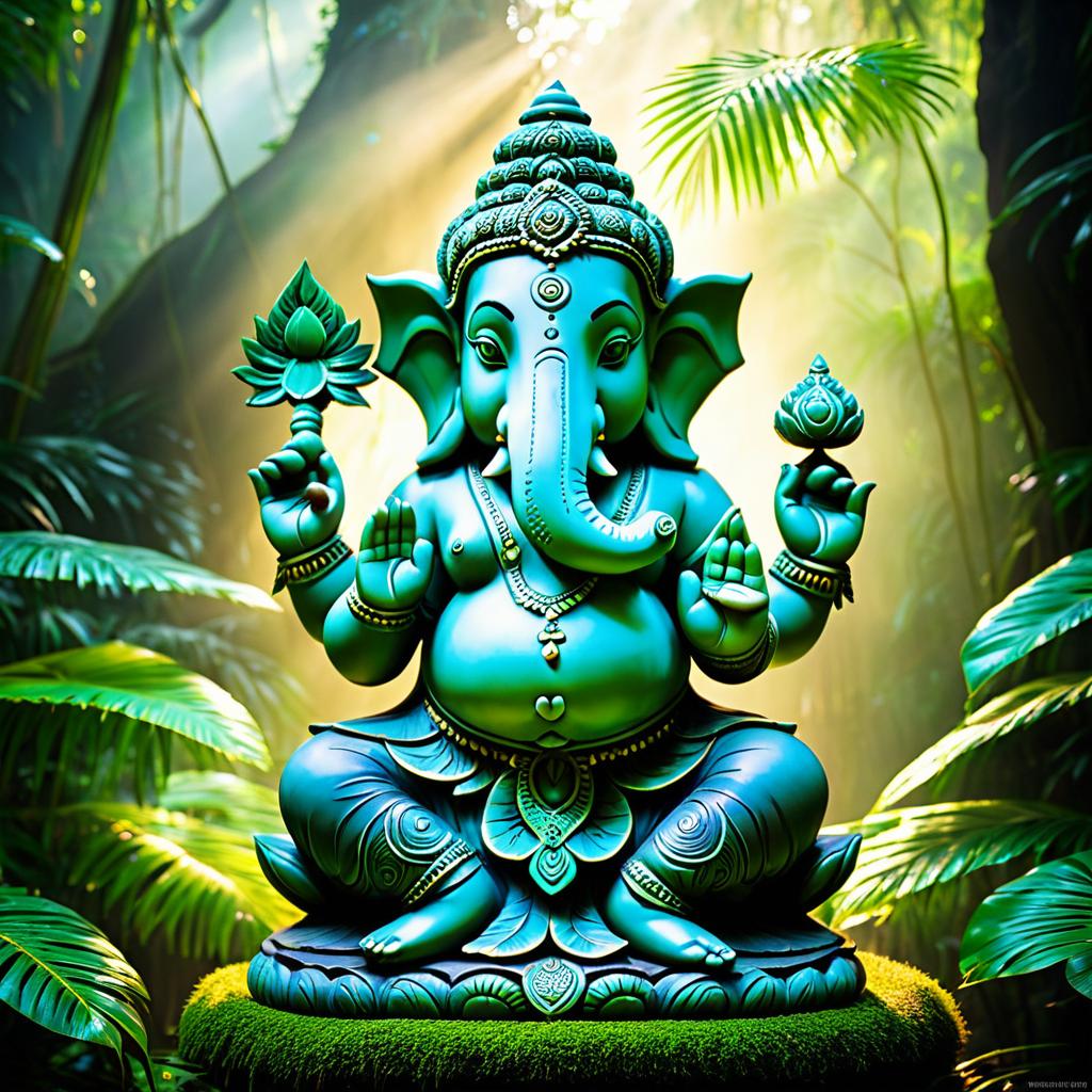 Mystical Ganesh Statue in Jungle Mist