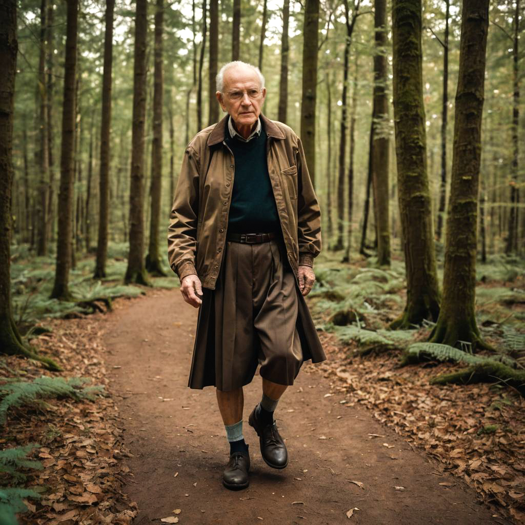 Elderly Man in Pleated Skirt in Nature