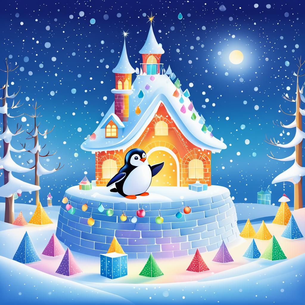 Whimsical Penguin Building a Snow Fort