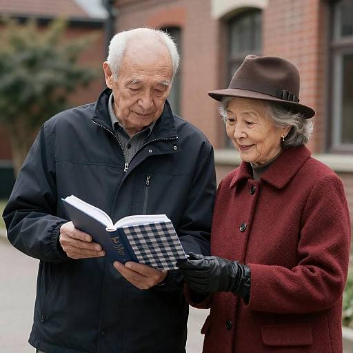 Senior Couple Reading by Brick Building