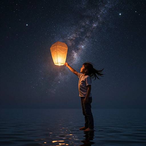 Photograph of a child with long hair releasing a glowing paper lantern, standing in deep blue water under a starry night sky.