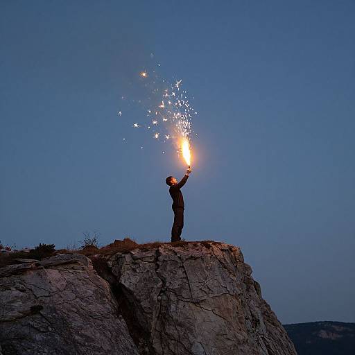 Photograph of a silhouetted man on a rocky cliff at dusk, holding a flaming torch, with sparkling embers flying upward.