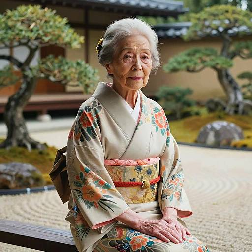 Photograph of an elderly Japanese woman in a floral kimono, seated outdoors in a tranquil Japanese garden with traditional architecture.