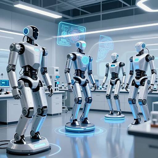 Photograph of five futuristic, silver humanoid robots with blue neon interfaces in a brightly lit, modern laboratory setting.